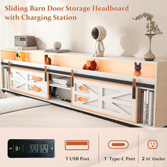 Twin Daybed with Trundle Bed, Rustic Farmhouse Daybed Frame with Sliding Barn Door Headboard LED Lights and Charging Station, Heavy Duty Metal Daybed for Guest Room Living Room Bedroom White