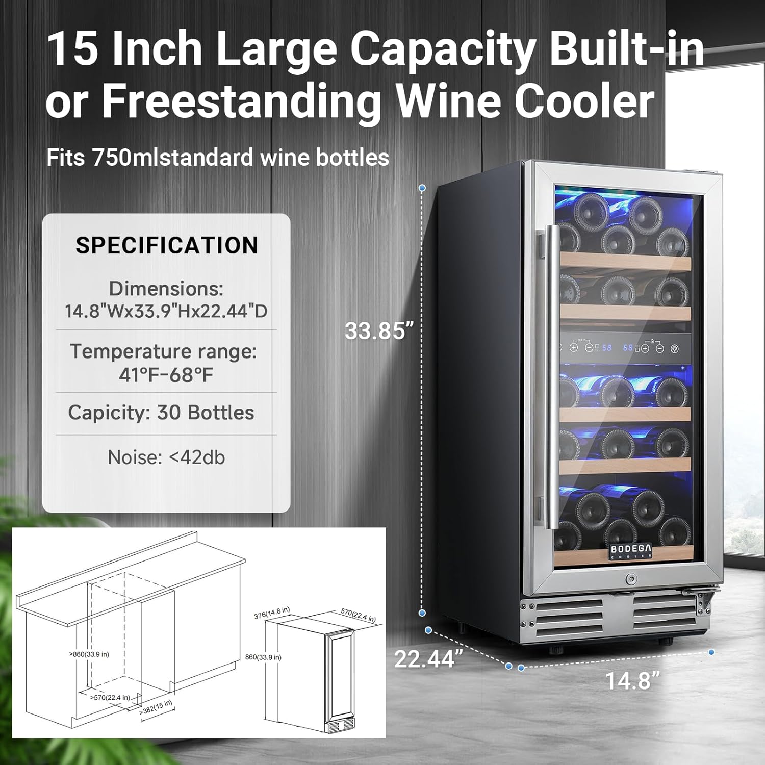 BODEGA 15 Inch Wine Fridge, 30 Bottles Dual Zone Wine Cooler, 41-68°F Wine Refrigerators Free standing, Soft LED Dual Zone Wine Fridge, Built-in or Freestanding for Home/Bar/Kitchen (3.2 cu.ft), Black