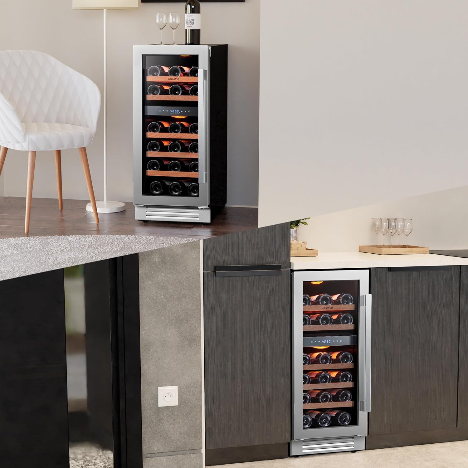 Ca'Lefort 15 Inch Wine Fridge & Cooler - Dual Zone 28 Bottles Wine Cooler with Glass Door, Small Wine Refrigerator with 3 LED Light Built-in for Home Bar Kitchen Left-Hinged Door (3.0 cu.ft)