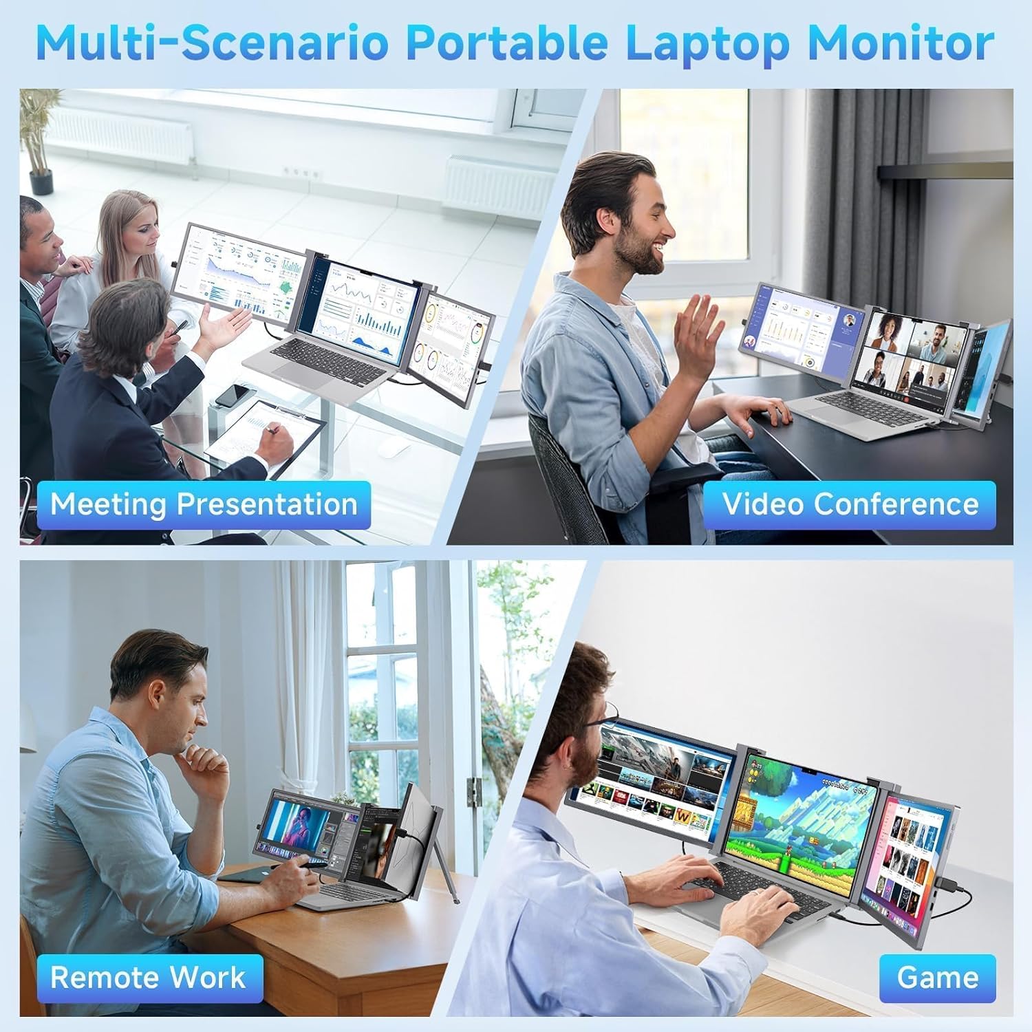 Laptop Screen Extender  15" 1080P IPS FHD Triple Monitor for 15"-17.3" Laptops  Plug & Play Portable Monitor Extender with USB-C/HDMI/USB-A for Mac/Windows/Chrome/Android Gray