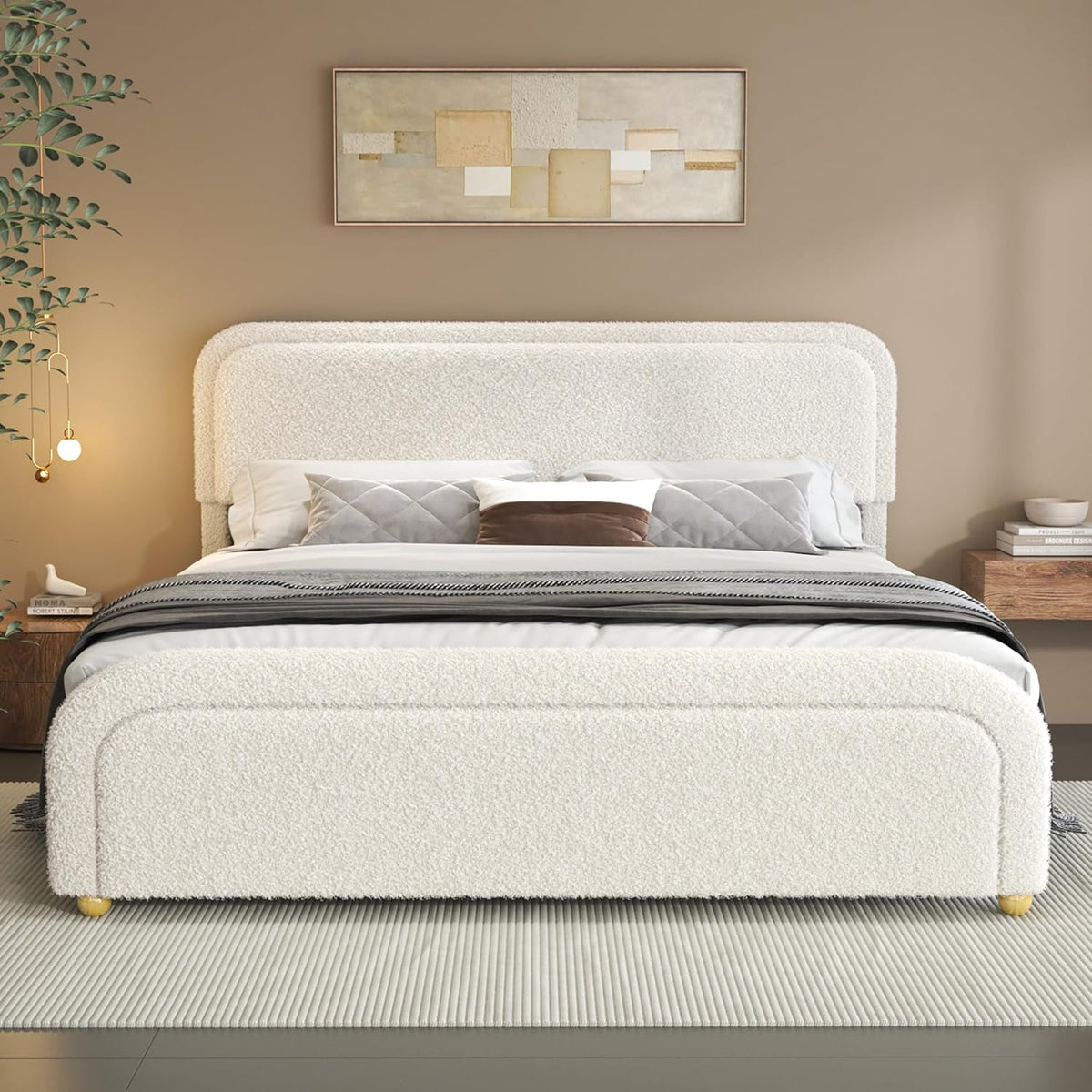 Cloud King Size Bed Frame, Boucle Upholstered Platform Bed with Adjustable Headboard, Anti-Collision Soft Rounded Corners, Metal Support, No Box Spring Required, Noise Free, Easy Assembly, Cream
