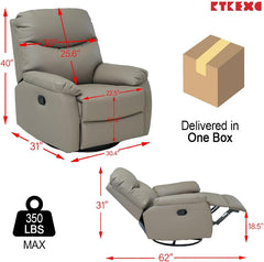 Recliner Sofa Rocking Chair Swivel Manual Adjustable 360 Degree Spinning with Ergonomics Lumbar Support Natural Leather for Home Theater Seating Living Room, Bedroom, Nursery, Grey