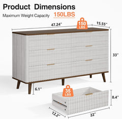 Fluted 6 Drawers Dresser, 47" Wide Wooden Chest of Drawers, Modern Mid Century Storage Closet Long Large TV Stand for Bedroom, Living Room,Hallway, Entryway, Nursery Room, Beige + Walnut