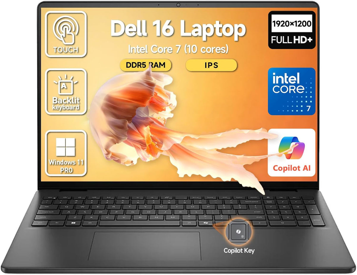 Dell 16 Laptop Touchscreen Computer  16" FHD+ Touch Screen Student & Business Laptop PC  Intel Core 7 (10-Core  Beat i7-1355U)  32GB DDR5 2TB SSD  Windows 11 Pro  Backlit Keyboard 10-Key  Copilot Key