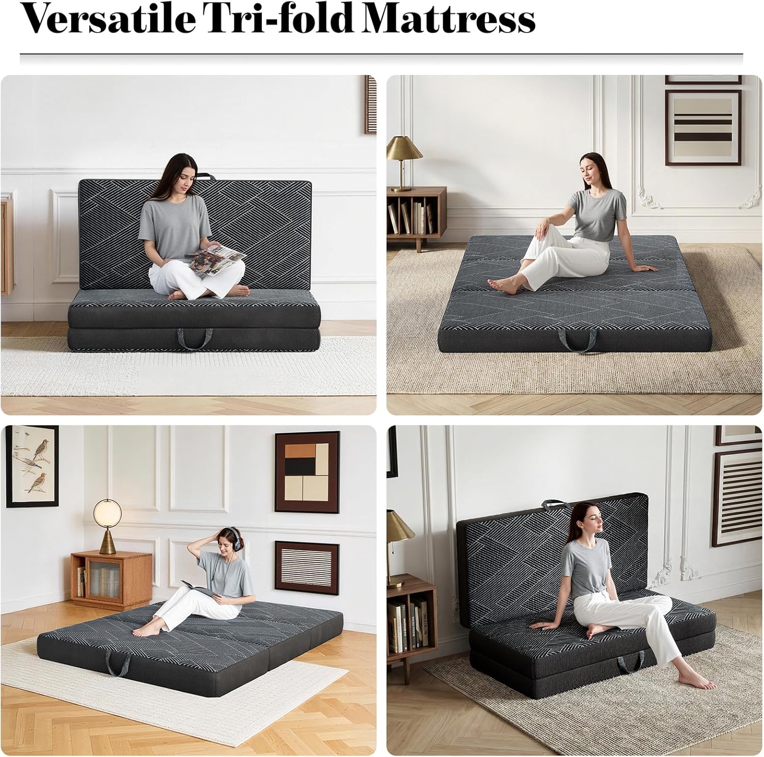 Tri Folding Mattress Queen Size - Foldable Mattress Trifold Memory Foam Mat with Washable Cover, Handle & Non-Slip Bottom Portable Foldable Floor Sofa Bed for Travel Camping Guest - 6 Inch, 78"x58"x6"