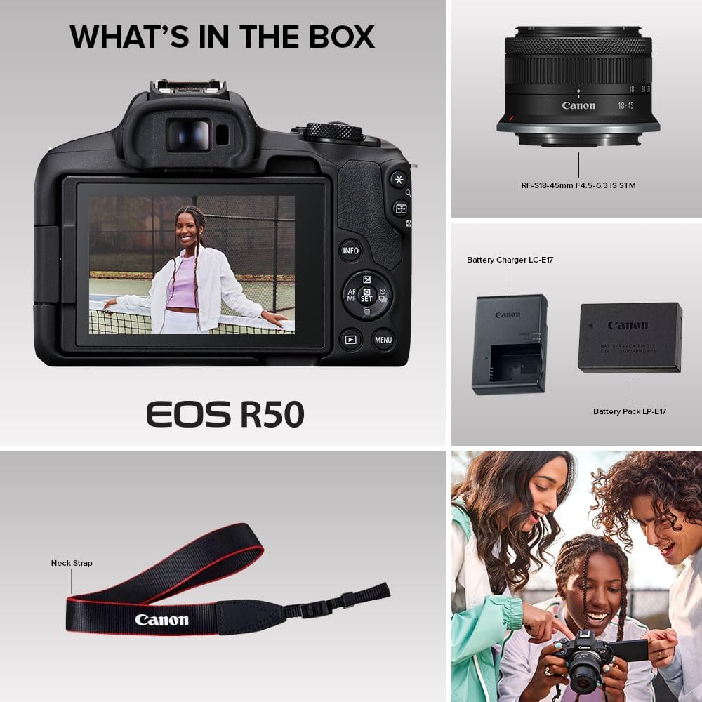 Canon EOS R50 Mirrorless Camera RF-S18-45mm F4.5-6.3 is STM Lens Kit  24.2 Megapixel CMOS (APS-C) Sensor  4K Video  Hybrid Camera  Photo and Video  Vlogging  Content Creator  RF Mount  Black