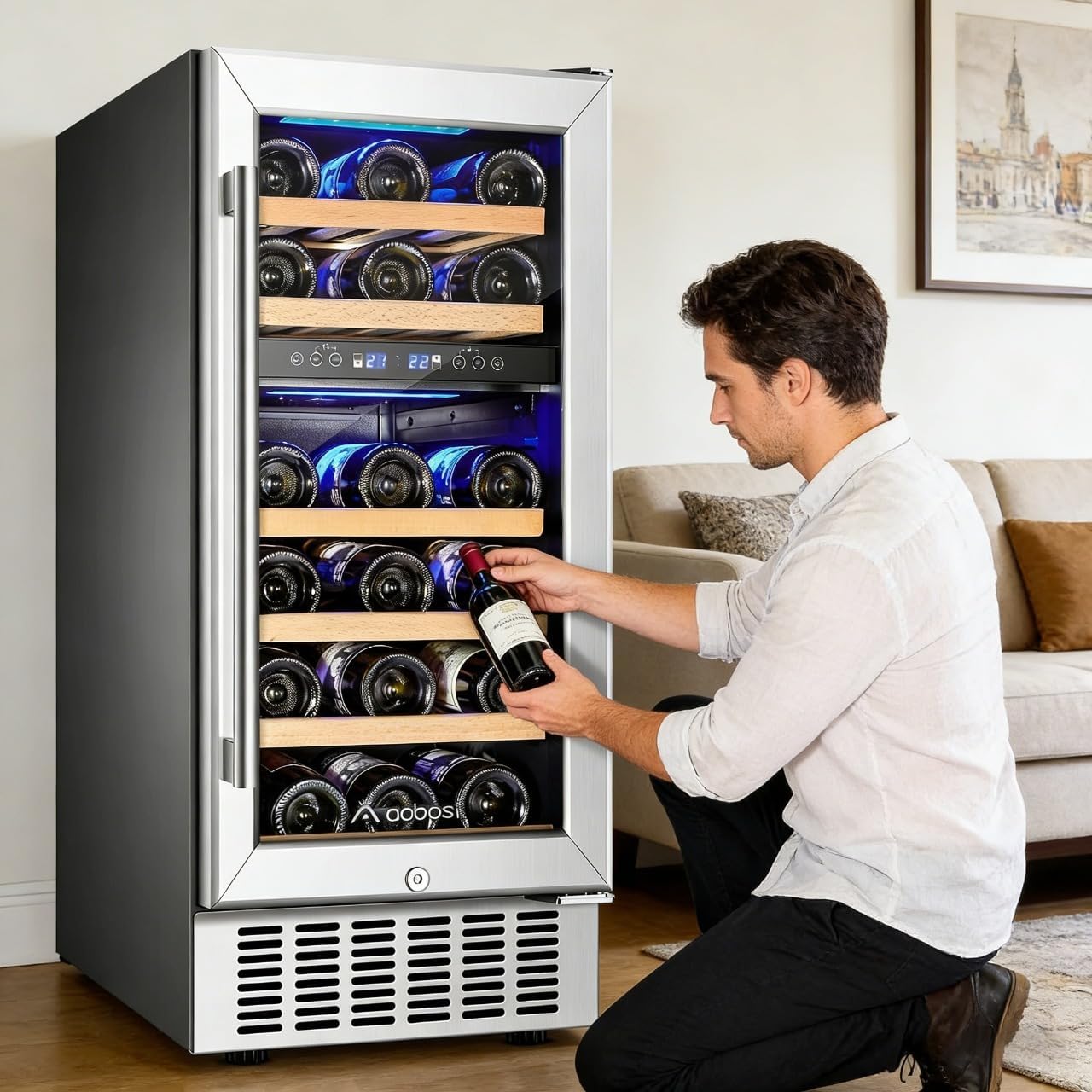 AAOBOSI 15 inch Dual Zone Wine Fridge, 28 Bottles Built-in or Freestanding Fridge,41-64°F Wine Cooler with Professional Compressor，Low Noise and No Fog