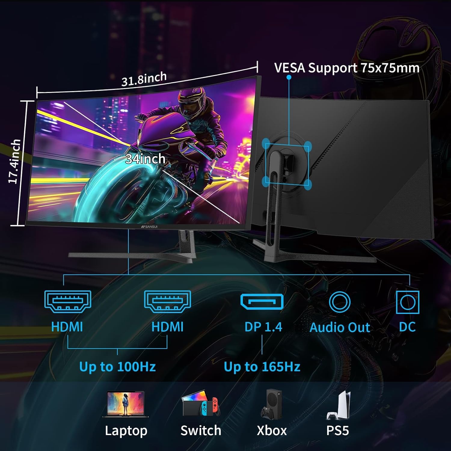 SANSUI 34-Inch Curved Gaming Monitor UWQHD 3440 x 1440 Up to 165Hz Curved 1500R - PIP/PBP  1ms(MPRT)  HDR  300nits  sRGB 125%  DCI-P3 95% FreeSync HDMIx2 DP1.4(Cable Included)