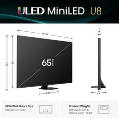 Hisense 65" Class U8 Mini-LED ULED 4K UHD Google Smart TV (65U8QG  2025 Model) - QLED  Native 165Hz  VRR 288  Up to LD5600  5000 Nits  HDR10+  Dolby Vision IQ · Atmos  IMAX Enhanced  4.1.2 Ch Audio