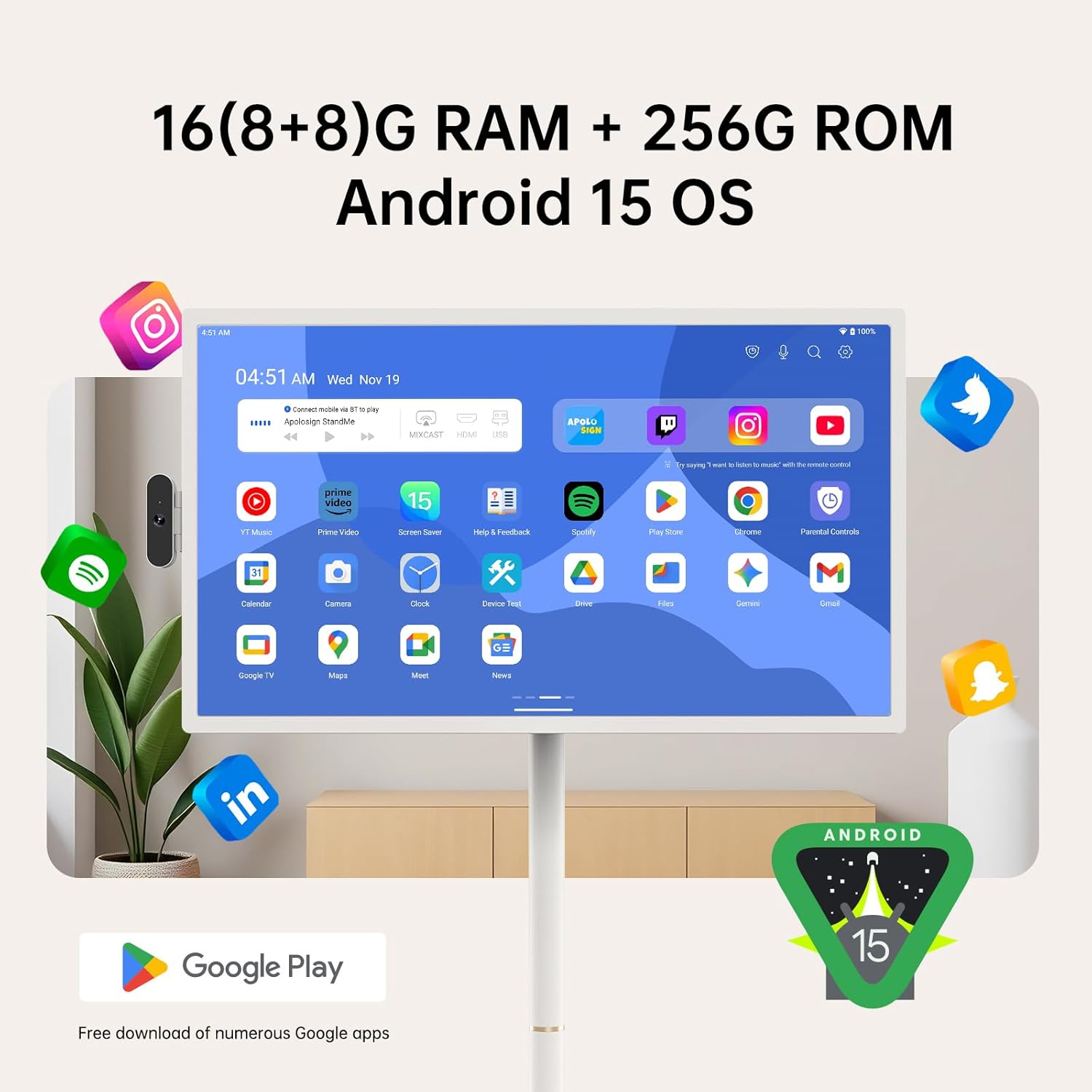 ApoloSign 32 inch UHD 4K Smart Portable TV Gen2  16G +256G Storage  Android 15 OS  15000mAh  Rolling TV on Wheels with Rotatable Touch Screen  Built-in Battery  Full Swivel Rotation  Voice Remote