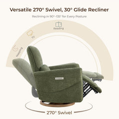 CHITA Power Nursery Rocking Chair, Swivel Glider Recliner Chair with Solid Wood Base, Bulit-in USB & Type-C Charging Ports for Living Room, FSC Certified, Moss Green