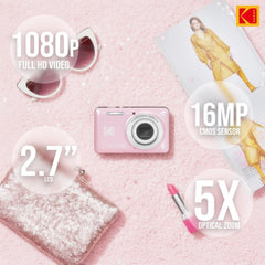 Kodak PixPro Friendly Zoom FZ55 16MP 1080p Full HD Digital Camera (Pastel Pink) Bundle with 128GB SD Card  Battery (2-Pack) and Travel Organizer (4 Items)