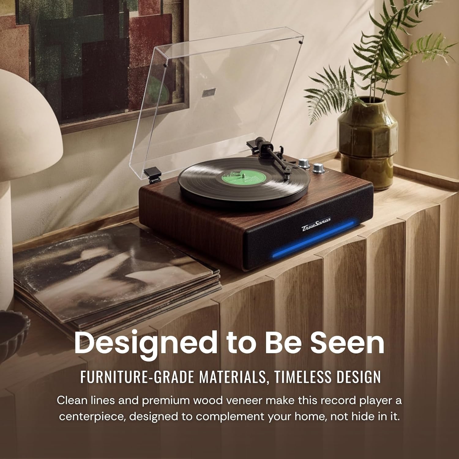 Hi-Fi Record Player with Speakers | Premium Vinyl Turntable with Bluetooth Capability | Built-in 4-Speaker Stereo System for Music Fans  Walnut Veneer+ Silver Trim