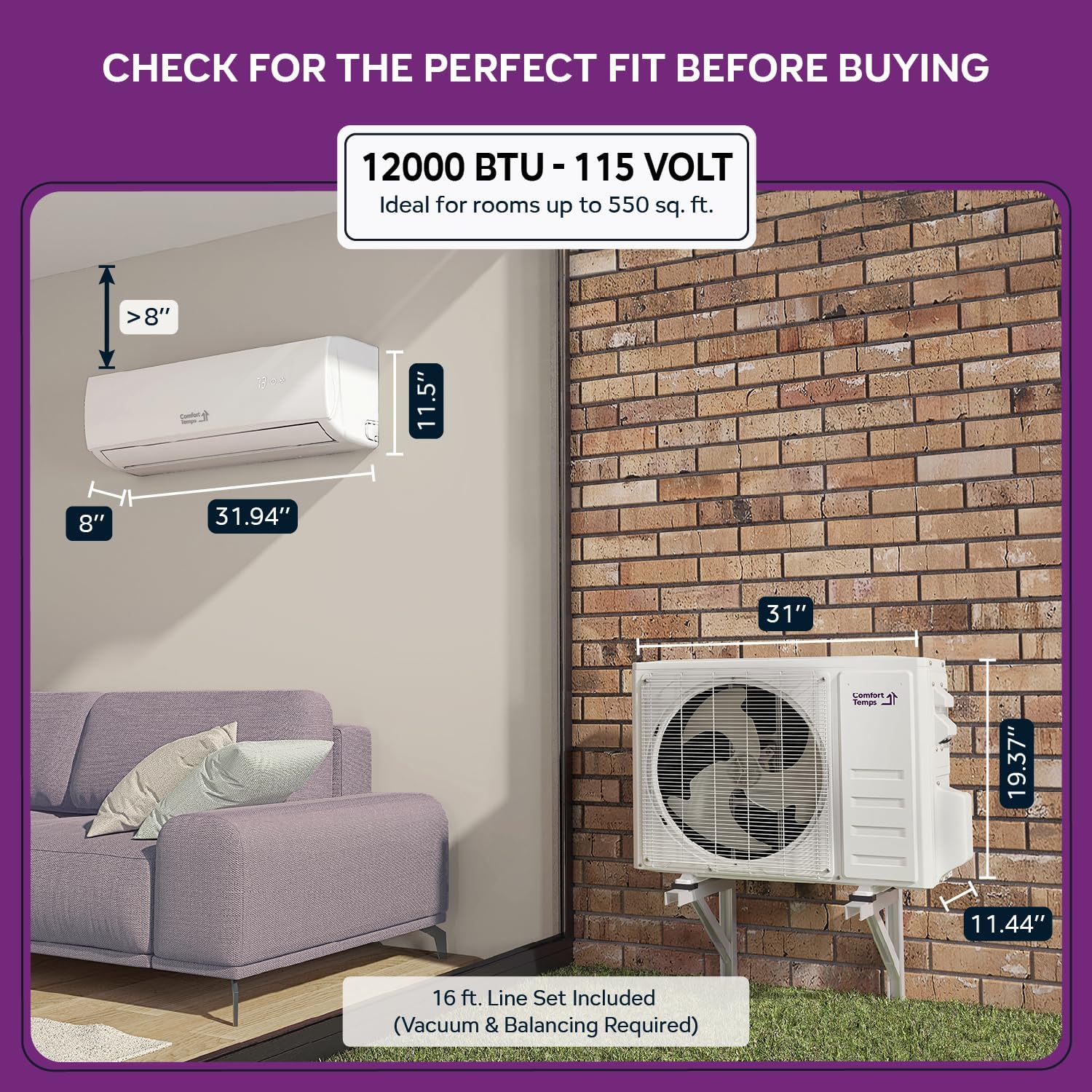 Energy-Saving 12000 BTU Minisplit Systems 110V – 20.5 SEER, Pre-Charged, Ductless, Quiet & Comfortable Mini Split AC/Heating System with WiFi & Complete Easy Install Kit (Elite Series)