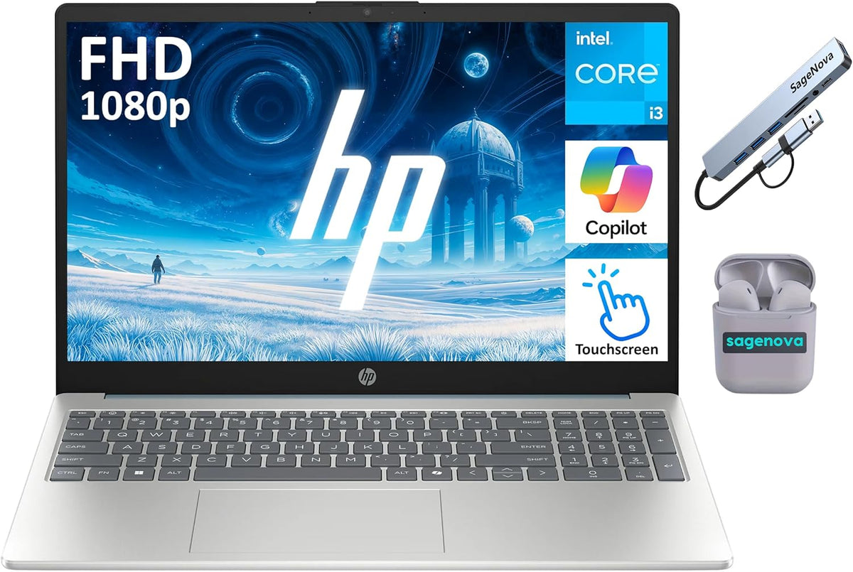 HP 15.6" FHD Touchscreen Laptop Computer  16GB RAM 512GB Storage (256GB SSD+256GB Docking Station Set)  8-Core Intel Core i3 Processor  Windows 11 with Copilot AI  SageNova Earphones  Moonlight Blue