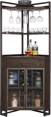 Howard Miller Studio Corner III Bar Cabinet - Wooden Shelving Unit with Storage, Metal Bottle Holding Racks, Tempered Glass Doors, Strong Metallic Frame Base & Extendable Drawer Surface