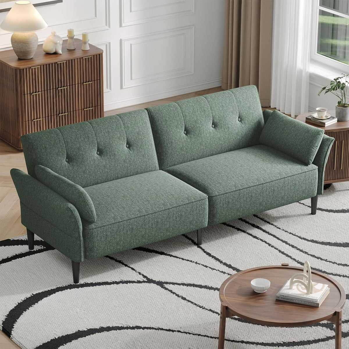 89” Futon Sofa Bed,Comfy Futon Couch Bed with 2 Square Pillows,Convertible Sleeper Sofa with Adjustable Backrest& Armrests, Modern Loveseat Sleeper for Living Room, Bedroom, Linen Green
