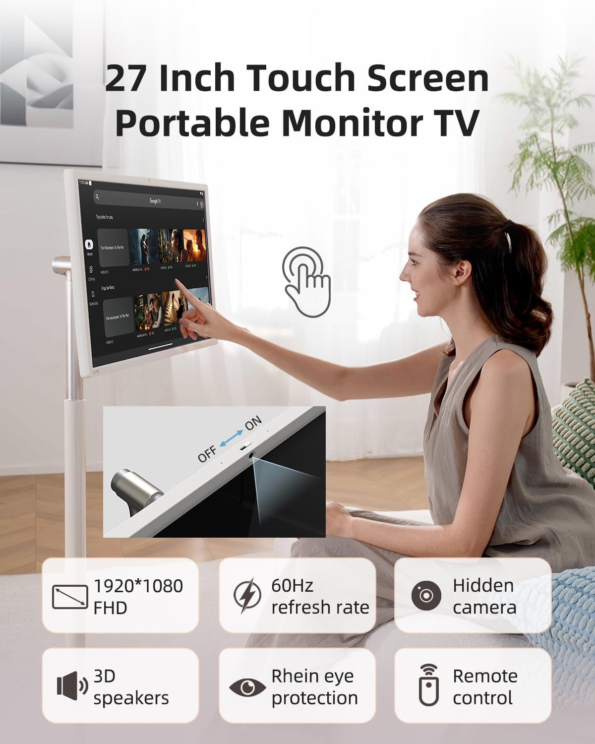 KTC MegPad 27 Inch Portable Screen TV - 1080P Touch Screen Monitor on Wheels with 8MP Camera  Compatible with Google TV  Android 14  QC 8G RAM+128G Storage  9500mAh Battery  Remote Control