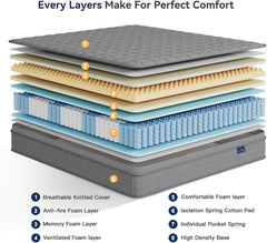 Vesgantti 12 Inch Multilayer Hybrid Queen Mattress - Multiple Sizes & Styles Available, Ergonomic Design with Memory Foam and Pocket Spring, Medium Firm Feel, Grey
