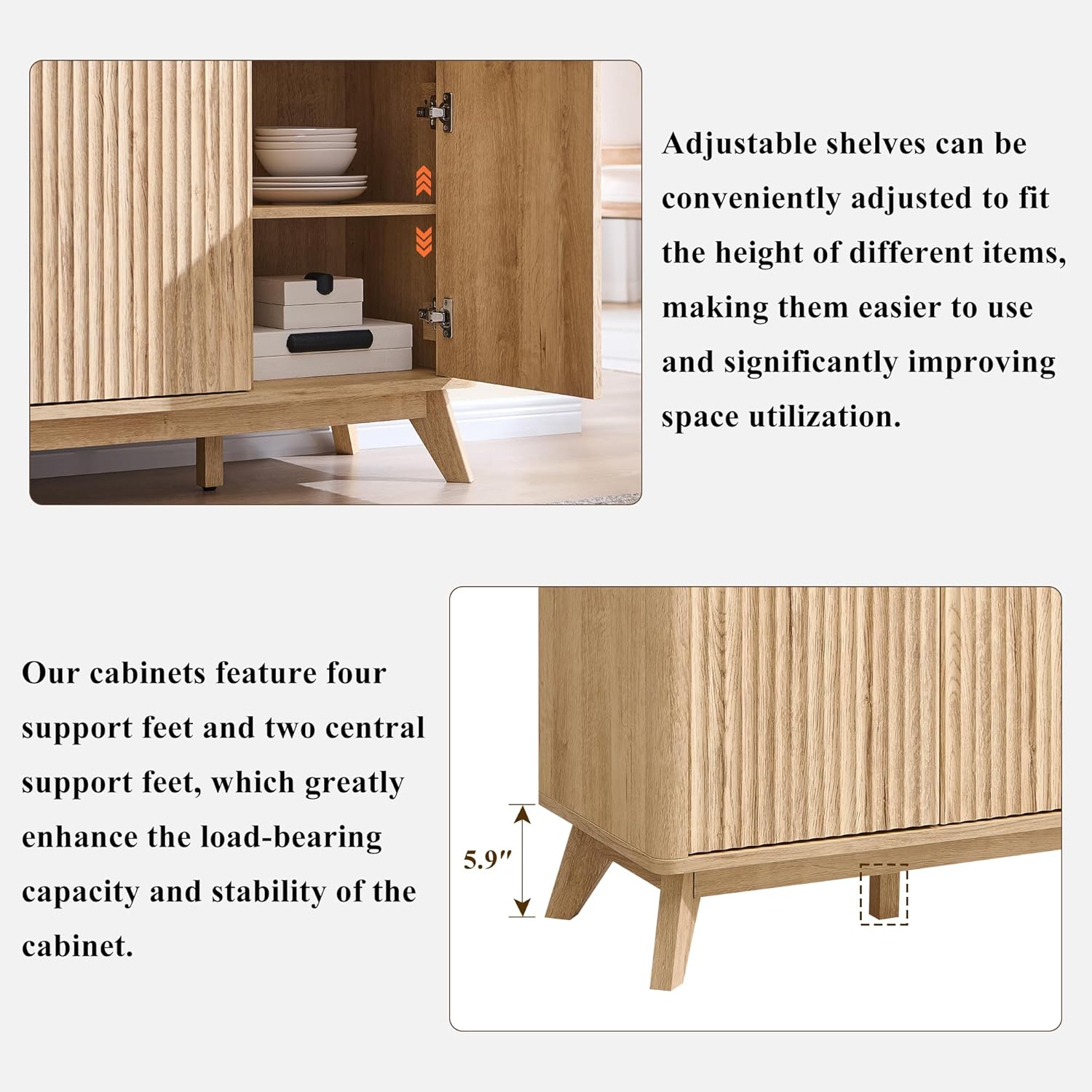 T4TREAM Large Buffet Sideboard Cabinet with Storages, 60" Fluted Modern Buffet Table Coffee Bar Wine Bar Storage Cabinet with 3 Drawers & 4 Doors for Dining Room, Living Room, Hallway(Natural Oak) | with Storages, Coffee Bar, Wine Bar, Storage Cabine