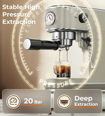 20 Bar Espresso Machine with Milk Frother, Compact Espresso Maker, Stainless Steel Coffee Machine with Precise Temp Control & 44oz Removable Water Tank for Latte, Cappuccino, Light Grey