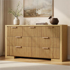 Fluted Dresser for Bedroom, 7 Drawer Dresser with Gold Handle, 54" Wide Chest of Drawers, Modern Wood Dressers Organizer for Bedroom, Liveroom, Entryway, Natural Oak
