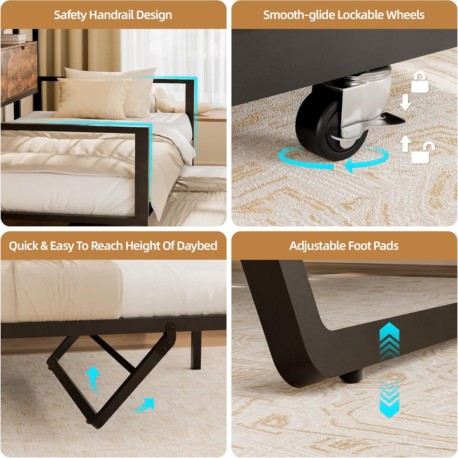 Betterhood Daybed with Trundle, Twin to King Bed Daybed Trundle Bed, Heavy Duty Metal Bed Frame with Storage Headboard & Charging Station, Day Bed Frame for Living Room Bedroom Guest Room (Daybed)