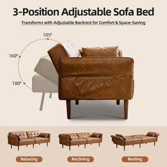 85” Futon Sofa Bed, Sleeper Sofa, Small Couch with Storage Adjustable Armrests Pillows, Faux Leather Loveseat, Mid Century Modern Couches for Living Room, Bedroom, Apartment, Brown