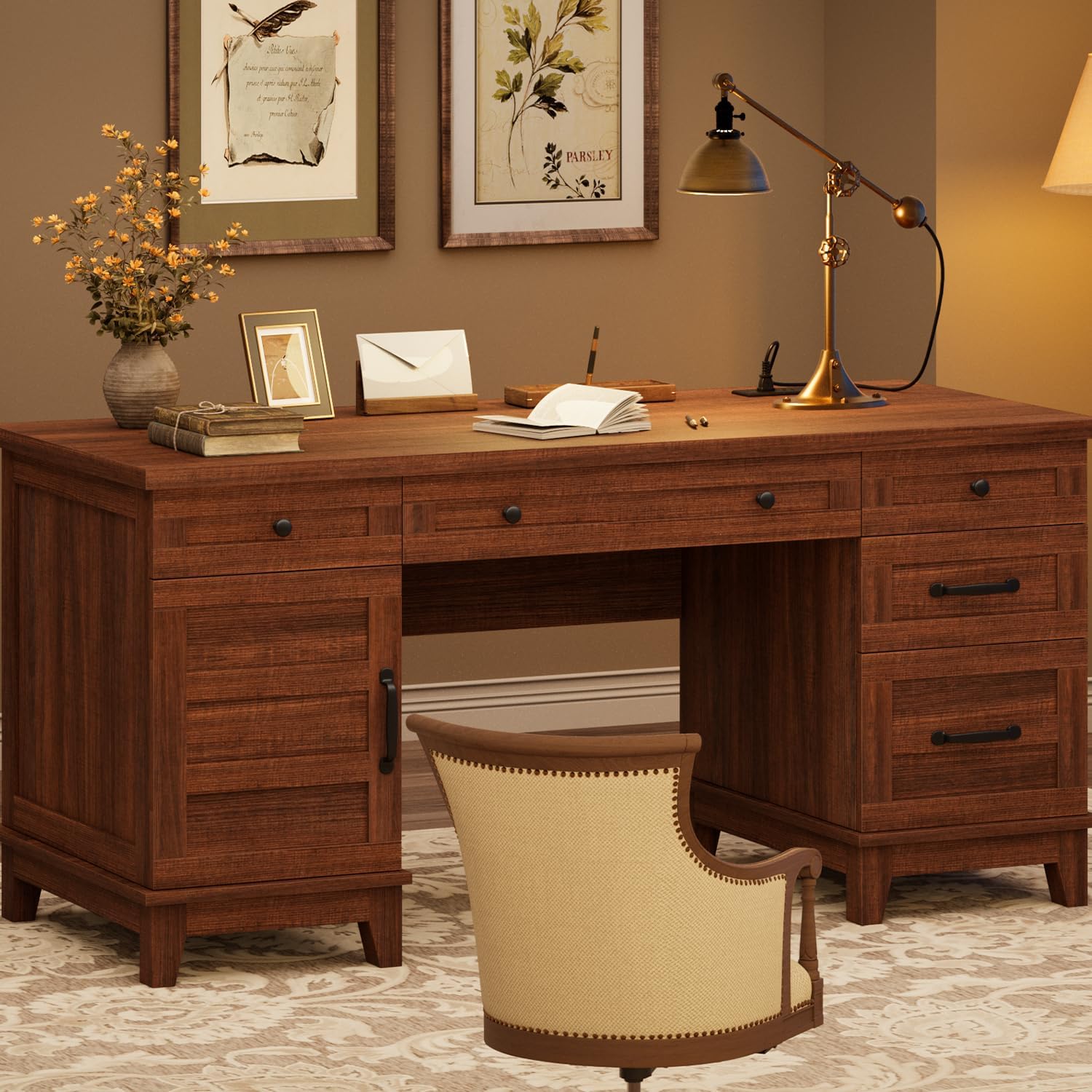 GarveeHome Executive Desk with File Drawers, Farmhouse Home Office Desk with Charging Station, 60 in Wooden Computer Desk with Cabinet Storage for Work Study Writing, Walunt Brown