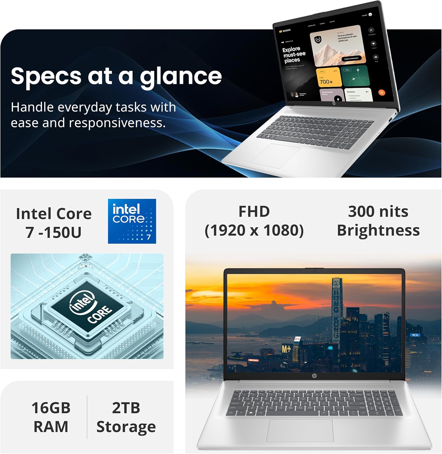 HP 17.3" FHD IPS Anti-Glare Laptop  Intel 7-150U  16GB RAM  2TB Storage (1TB SSD & 1TB Docking Station Set)  Intel Graphics  Num Pad  Wi-Fi 6  1080p Webcam  Fast Charge  Windows 11 Home  Silver