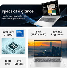 HP 17.3" FHD IPS Anti-Glare Laptop  Intel 7-150U  16GB RAM  2TB Storage (1TB SSD & 1TB Docking Station Set)  Intel Graphics  Num Pad  Wi-Fi 6  1080p Webcam  Fast Charge  Windows 11 Home  Silver