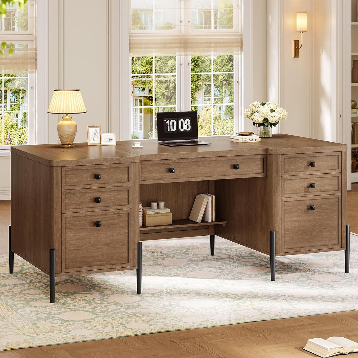 63" Executive Desk with 5 Drawers, Farmhouse Home Office Desks with 2 Storage Cabinet and Keyboard Tray, Large Boss Desk with Privacy Panel, Modern Table with Open Shelf and File Drawer
