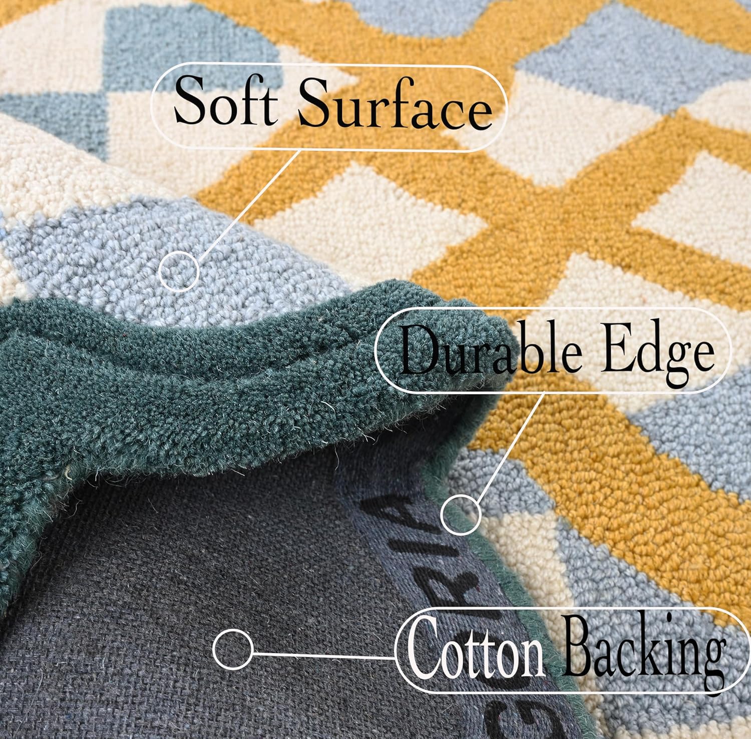 Hand-Tufted Wool Rug with Scalloped Edges | Checkered Light Blue Plaid Pattern Yellow Motif | Cozy Soft Area Rugs Carpet for Living Room, Bedroom, Nursery (Light Blue, Mustard Yellow, 5' x 8')