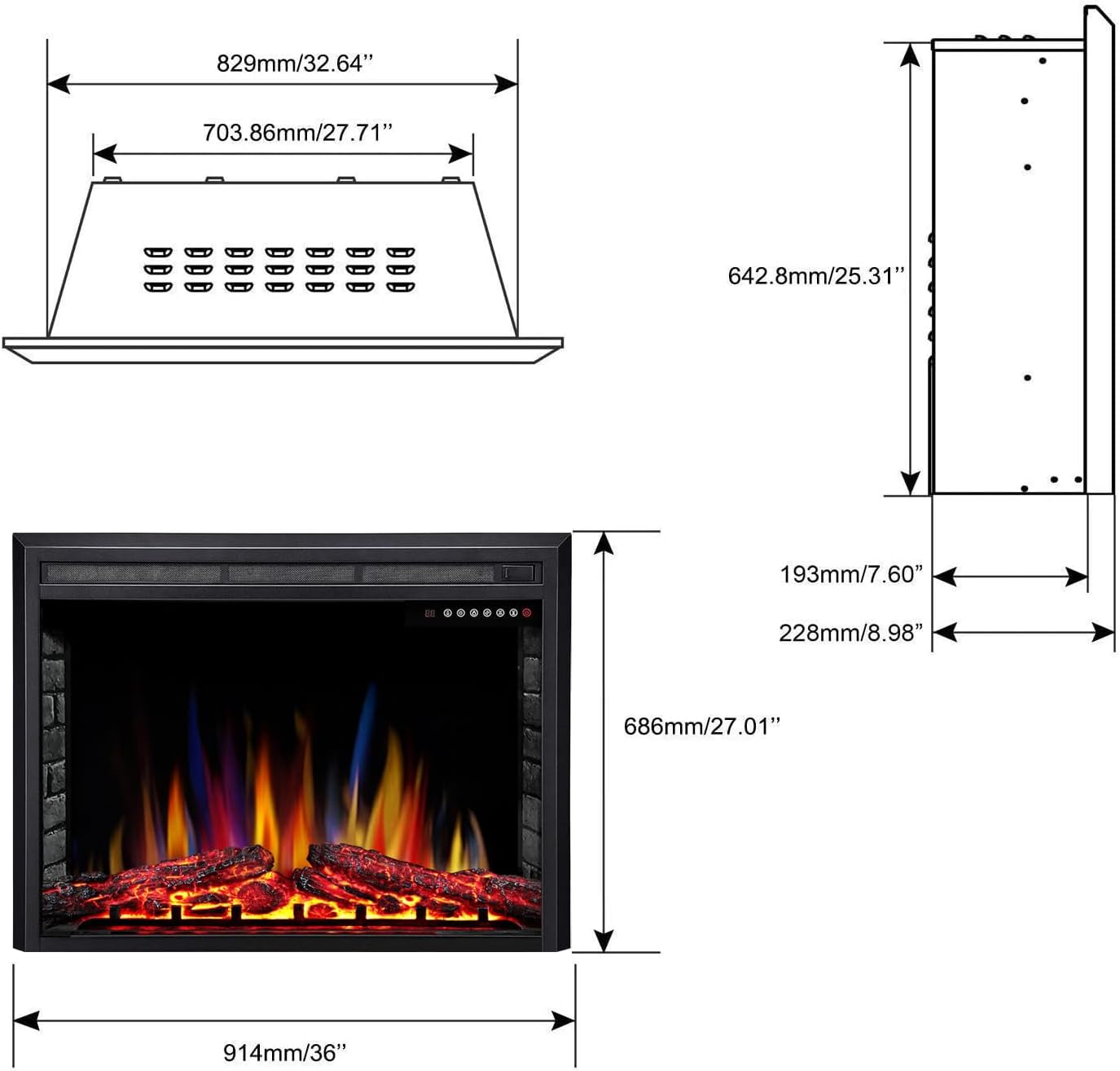 36" Electric Fireplace Insert,Recessed Electric Stove Heater,Touch Screen,Remote Control,750W-1500W with Timer & Colorful Flame Option (36" X 27")