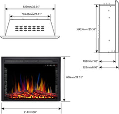 36" Electric Fireplace Insert,Recessed Electric Stove Heater,Touch Screen,Remote Control,750W-1500W with Timer & Colorful Flame Option (36" X 27")