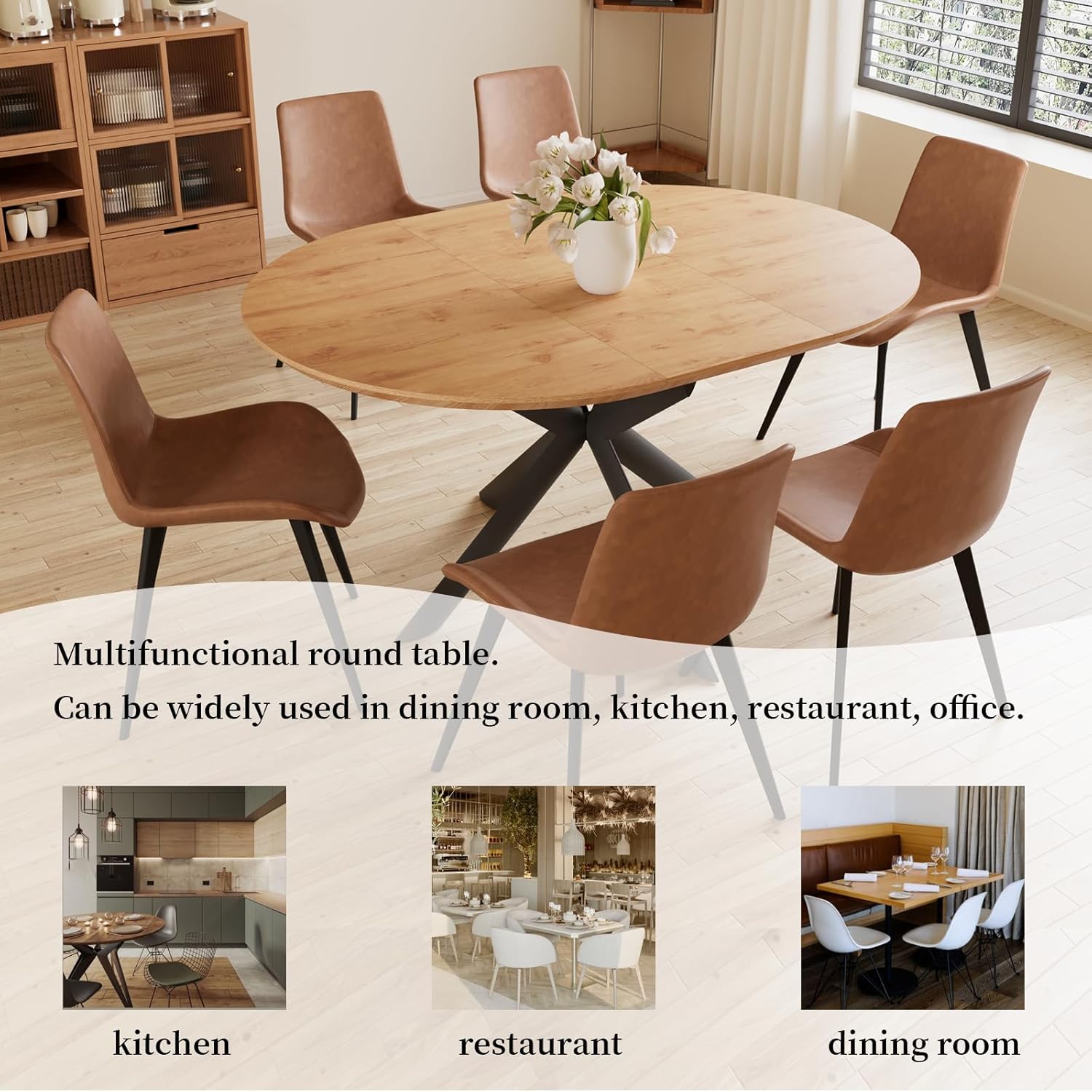 43.2"-59.1" Extendable Round Dining Table Set, Mid Century Modern Wooden Round Table, Leisure Oak Coffee Table,w/ 4 PU Leather Chairs