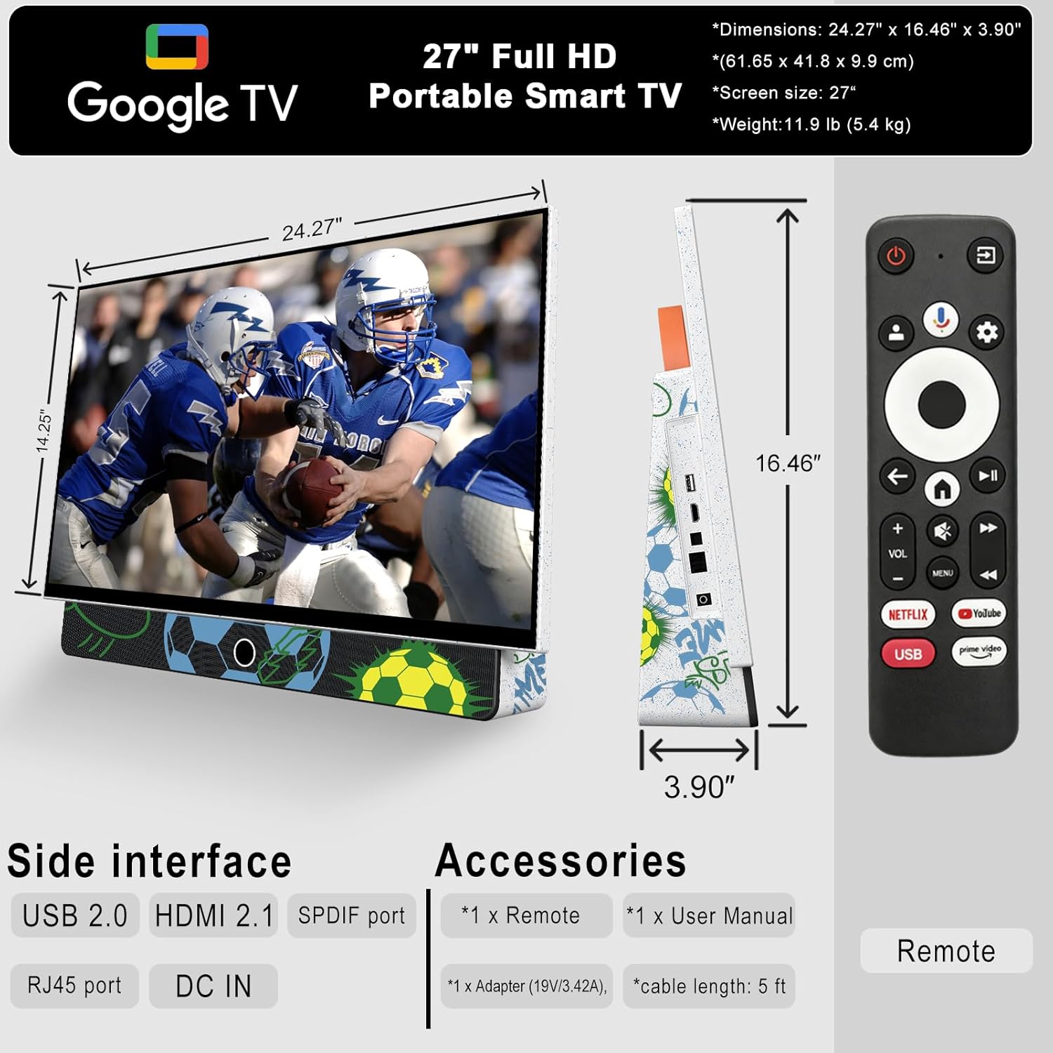 27 Inch Portable Smart TV  Android 14 OS  Built-in Battery Powered  FHD HDR Display  60Hz Refresh Rate  Dolby Audio  WiFi  Chromecast  Voice Remote  for Bedroom  Game Day Parties  Camping & Travel