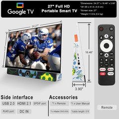 27 Inch Portable Smart TV  Android 14 OS  Built-in Battery Powered  FHD HDR Display  60Hz Refresh Rate  Dolby Audio  WiFi  Chromecast  Voice Remote  for Bedroom  Game Day Parties  Camping & Travel