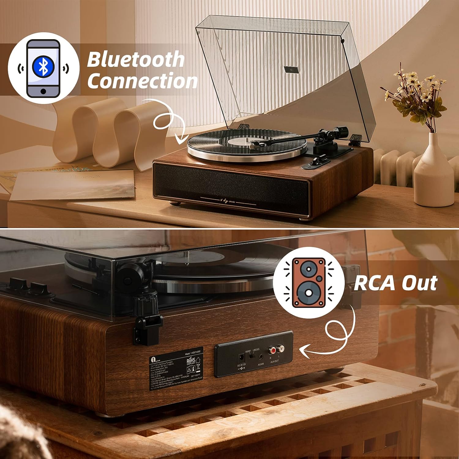 1 by ONE High Fidelity Belt Drive Turntable with Built-in Speakers  Vinyl Record Player with Magnetic Cartridge  Wireless Playback and Aux-in Functionality  Auto Off