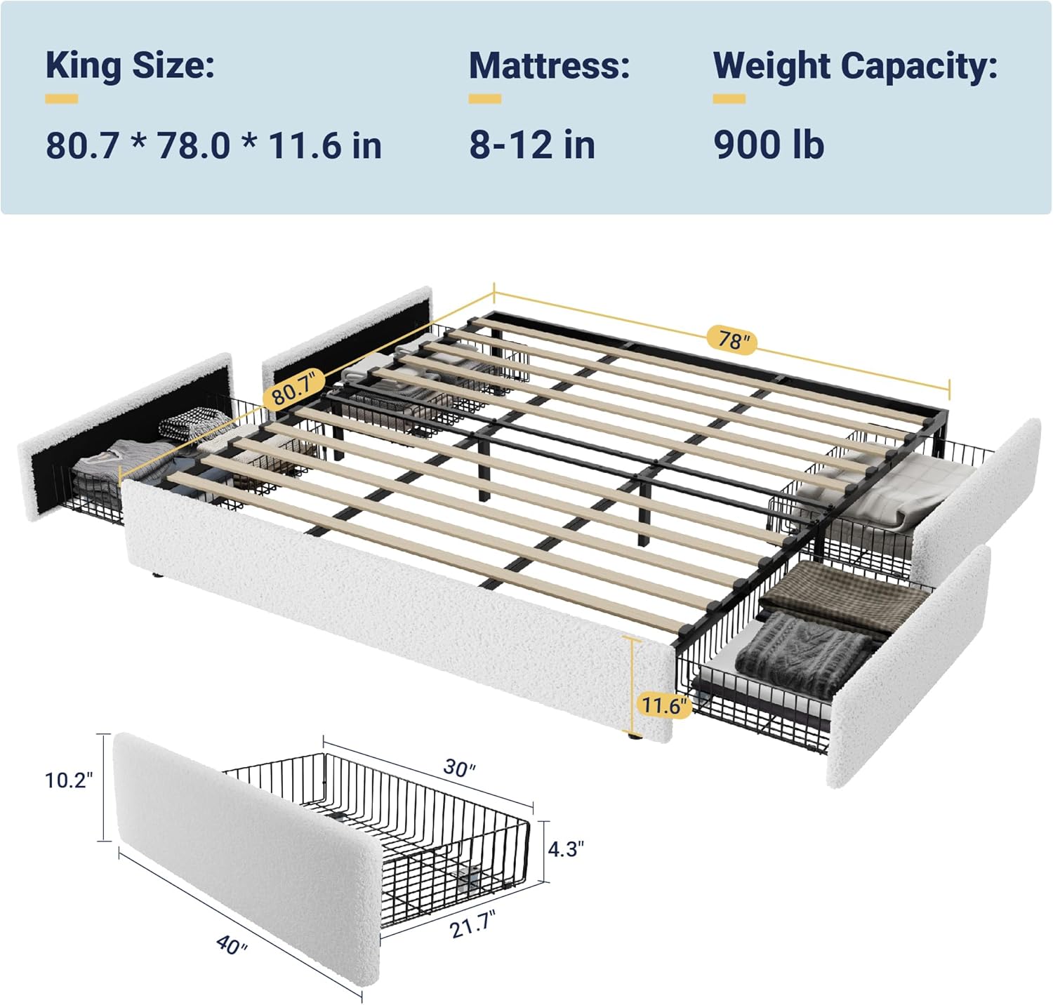 Allewie King Size Bed Frame with 4 Oversized Storage Drawers, Soft Teddy Fabric, Boucle Upholstered Platform Bed, Wooden Slats Support, Noise-Free, No Box Spring Needed, Easy Assembly, White