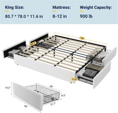 Allewie King Size Bed Frame with 4 Oversized Storage Drawers, Soft Teddy Fabric, Boucle Upholstered Platform Bed, Wooden Slats Support, Noise-Free, No Box Spring Needed, Easy Assembly, White
