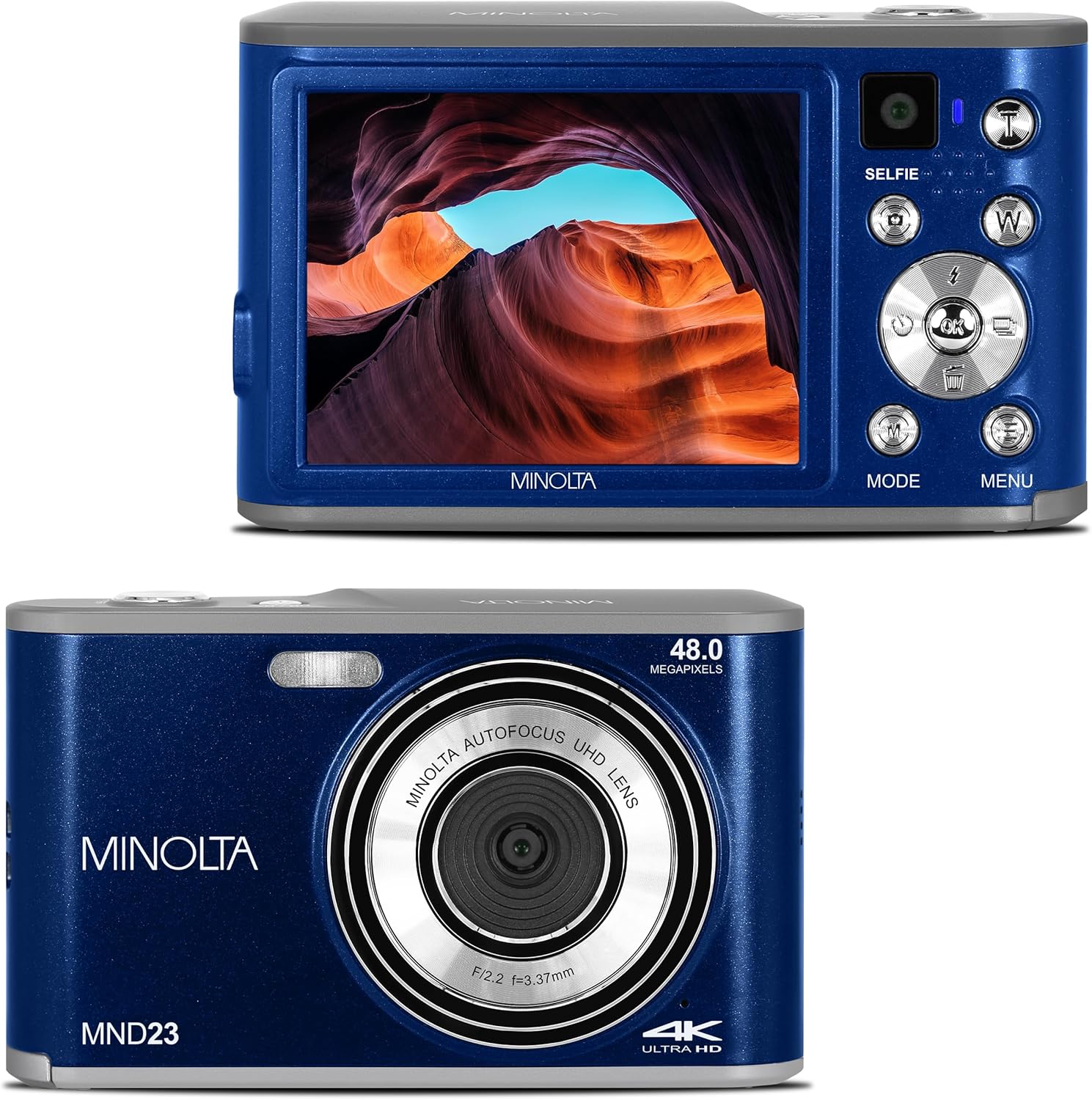 Minolta 48MP Digital Camera with Rear Selfie Lens – 4K Ultra HD Video  2.8" LCD Screen  16X Digital Zoom  Autofocus  Slow Motion  Time Lapse  Filters  Scene Modes  32GB Card Included (Blue)