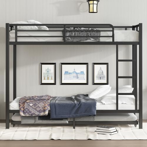 Metal Bunk Bed Twin XL over Twin XL with Trundle for 3 Kids/Teens/Adults, Heavy-duty Metal Bunk Bed Frame with Ladder & Safety Guardrail, Space-saving Design for Bedroom/Kidsroom/Dorm, Black