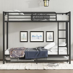 Metal Bunk Bed Twin XL over Twin XL with Trundle for 3 Kids/Teens/Adults, Heavy-duty Metal Bunk Bed Frame with Ladder & Safety Guardrail, Space-saving Design for Bedroom/Kidsroom/Dorm, Black