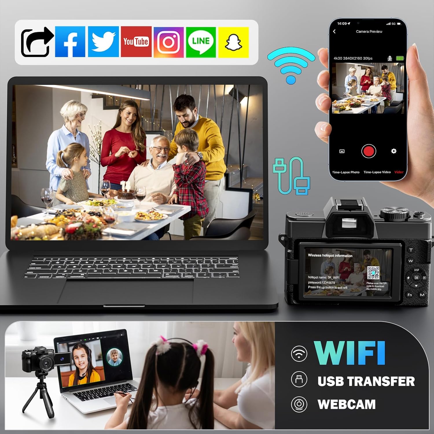 True 5K Digital Cameras for Photography 64MP - 16X Zoom  WiFi  with 64GB TF Card  Wide-Angle & Macro Lens  Autofocus & Anti-Shake  Vlogging Camera for YouTube Travel (Black)