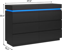 DICTAC Modern 6 Drawer Dresser with Sliding Desktop, Wide Chest of Drawers with Charging Station & LED Lights, Large Storage Tower Clothes Organizer, Black Dresser for Bedroom