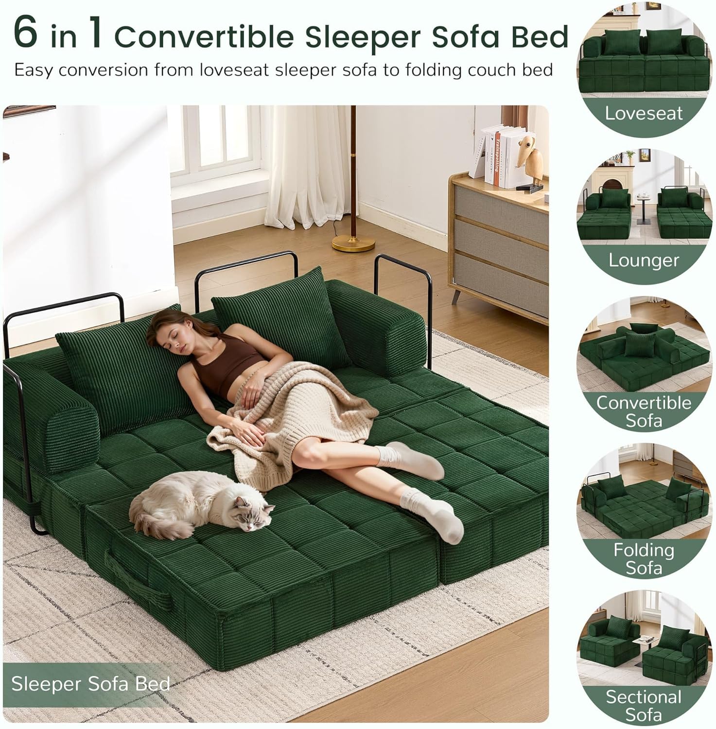 6-in-1 Convertible Sleeper Sofa Bed, Corduroy Folding Mattress Couch with Fixed-Shape Frame, Modular Foldable Boneless Couch, Loveseat Couches with 2 Pillows, for Living Room, Bedroom, Green