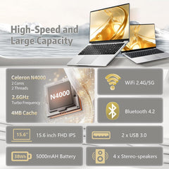 15.6 inch Laptop  Laptops with Celeron N4000  2025 Gaming Laptop for 8GB LPDDR4 256GB SSD  IPS FHD 1920x1080  WiFi+BT4.2+Mini HDMI+TF Card Slot  Traditional Laptops Computers Convertible 180° Netbook