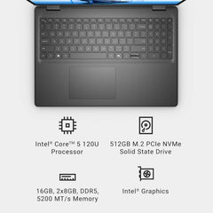 Dell 16 Laptop DC16250-16.0-inch 16:10 FHD+ Touch Display  Intel Core 5 120U Processor  16GB DDR5 RAM  512GB SSD  Intel Graphics  Windows 11 Home  1 Year Basic Onsite Service - Carbon Black