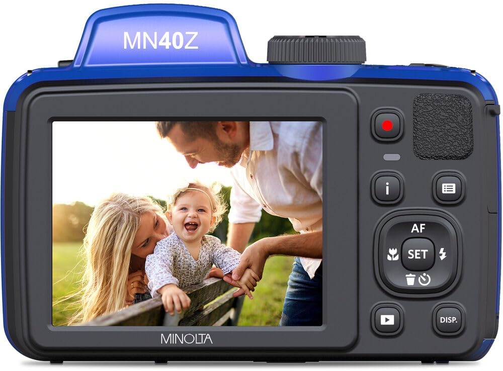 MINOLTA MN40Z 20 Mega Pixels 40x Optical Zoom Digital Camera with 1080p FHD Video  Blue  Bundle with 64GB Memory Card + Vlogging Tripod + 4xAA Battery with Charger + More Accessories